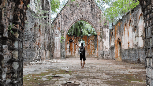 A person standing inside the ruins of Ross Island with trees in the background