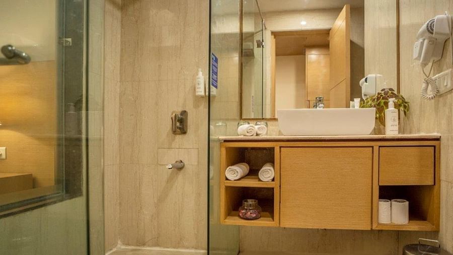 Close-up of a bathroom vanity and glass shower at Golden Tulip, Udaipur.