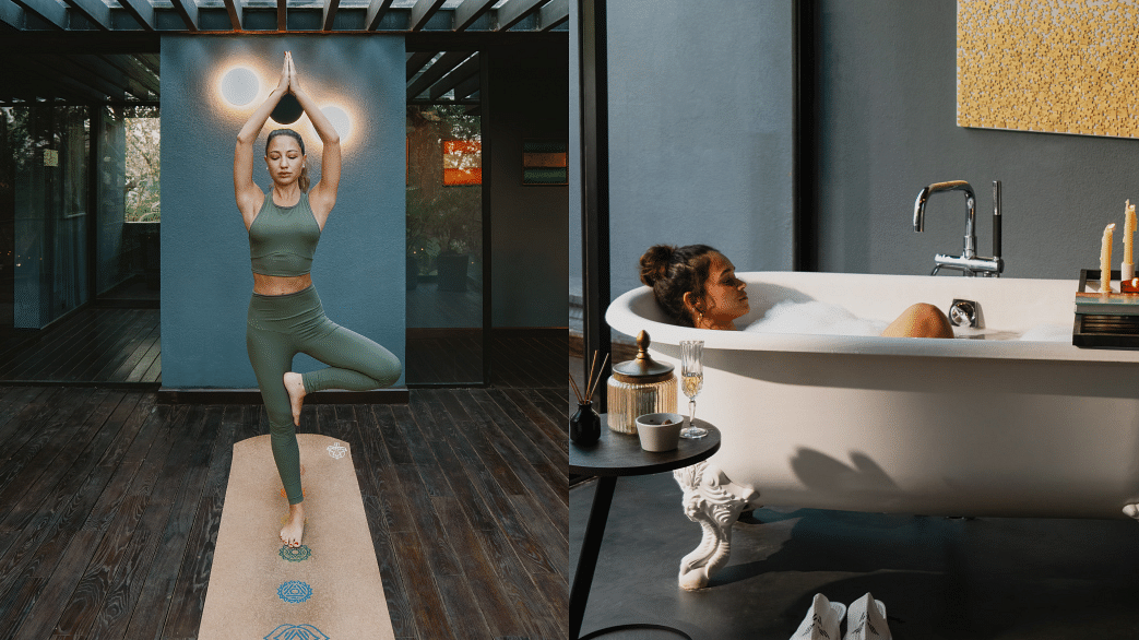Luxurious spa experience with yoga, a relaxing bath setup, and a calming massage therapy session
