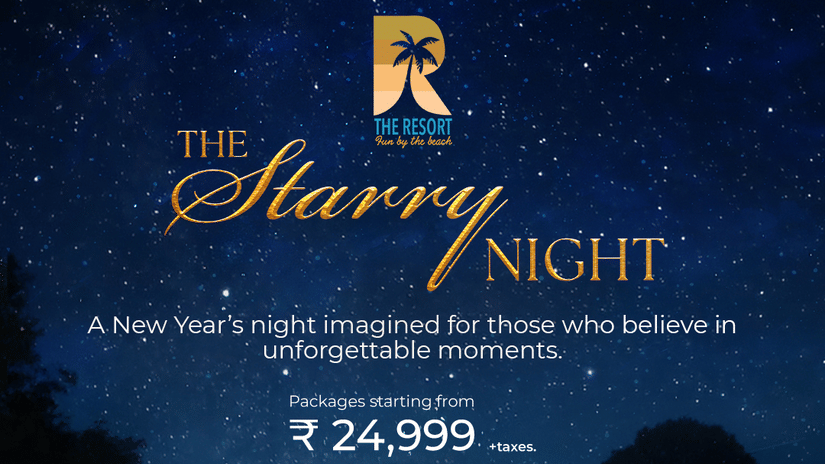 New Year celebration poster for The Resort featuring “The Starry Night,” an elegant outdoor gala dinner under the stars with candlelit tables, live music, gourmet dining, high tea, games, and entertainment.