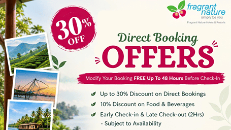 A offer poster for Fragrant Nature Hotels & Resorts, with direct booking offers at 30% at available locations, and offer inclusions.