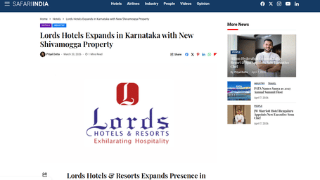 An article by Safari India showcasing Lords Hotels Expands in Karnataka with New Shivamogga Property.