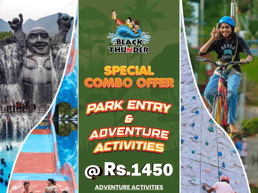 Promotional advertisement for Black Thunder theme park showcasing adventure activities including water slides, raft rides, zip cycle, wall climbing, and a special combo offer.