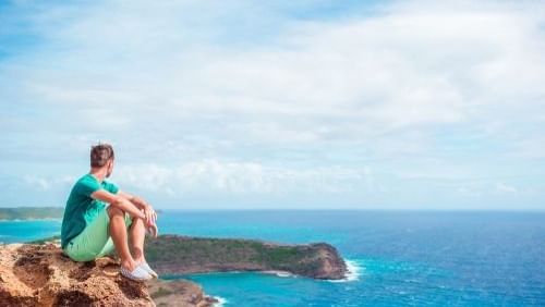  person sits on a rock outcrop overlooking a vast blue ocean under a clear sky.
