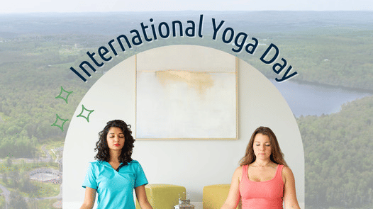 Banner for International Yoga Day at YO1 Longevity & Health Resorts, showcasing 2 women meditating indoors, highlighting a 25% discount
