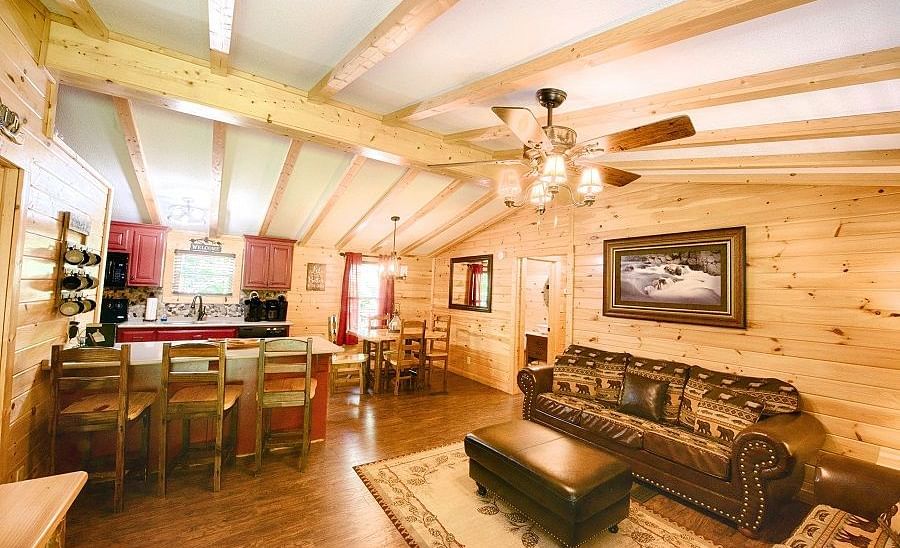 the living room of the river cabin featuring a common seating area along with the dining area - Historic Tapoco Lodge