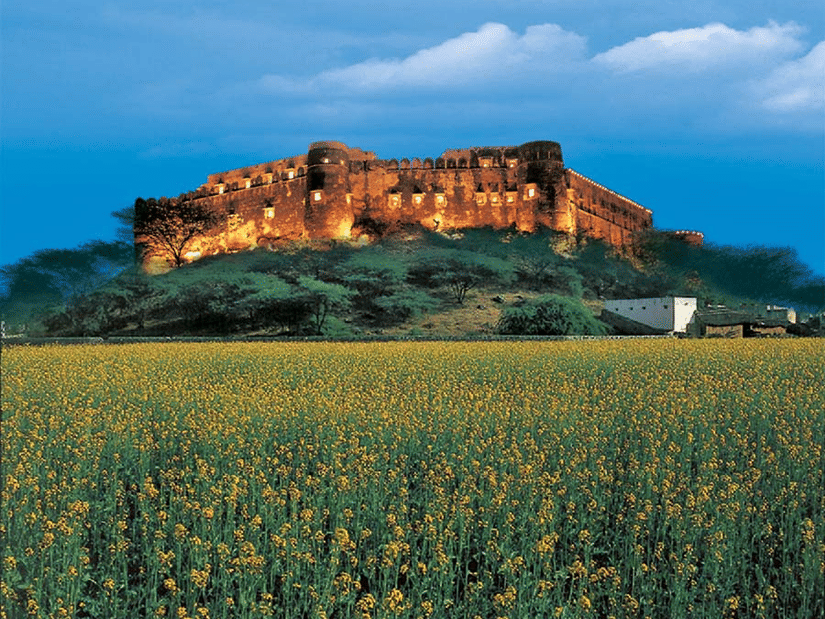 The facade of Hill Fort Kesroli Kesroli with grass at the forefront and blue sky in the background.