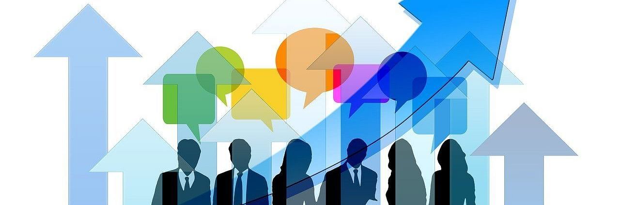 Silhouettes of professionals with upward arrows and speech bubbles representing growth and communication.
