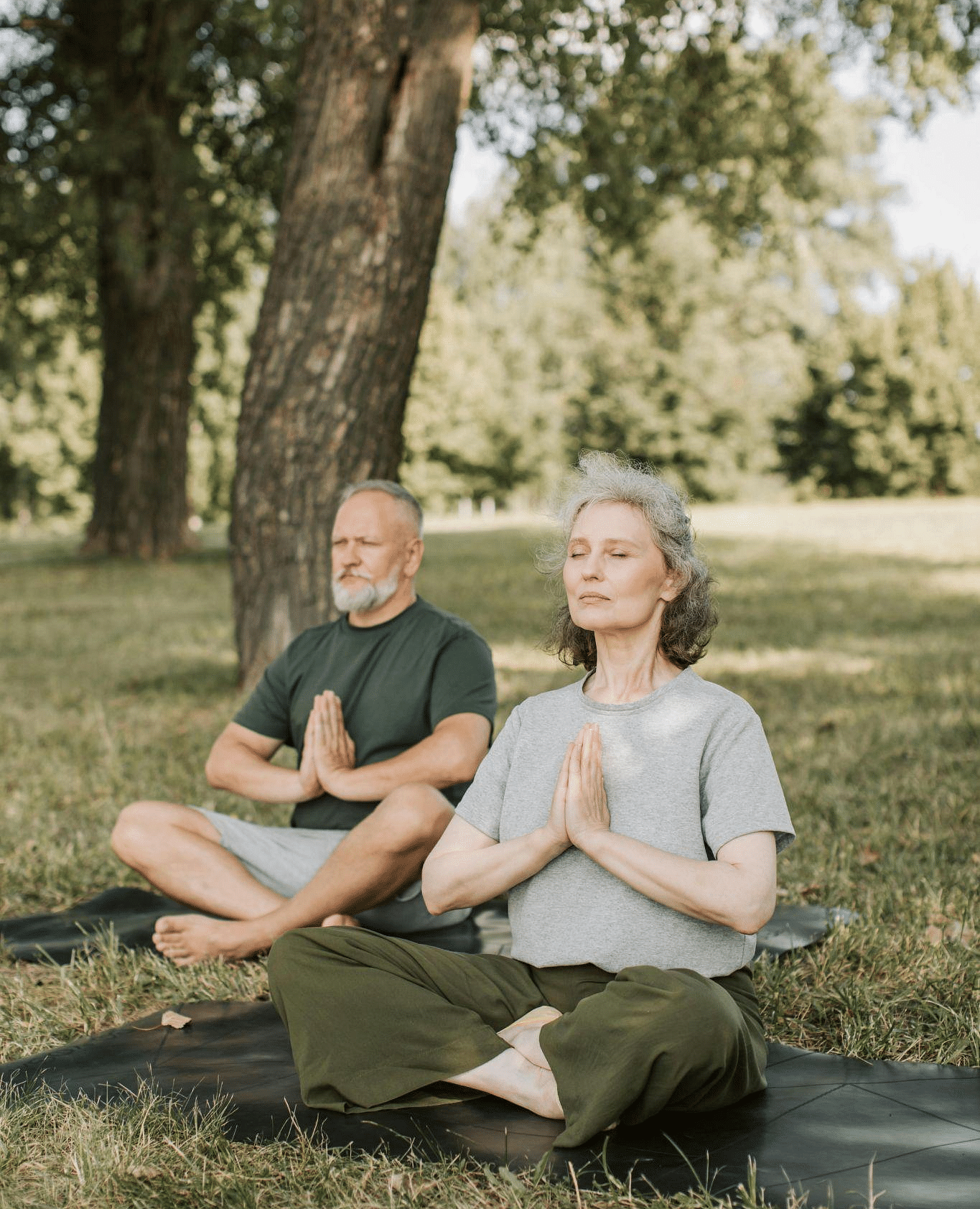 Two elder people meditate in a park, sitting cross-legged on yoga mats under a tree, hands in prayer position.