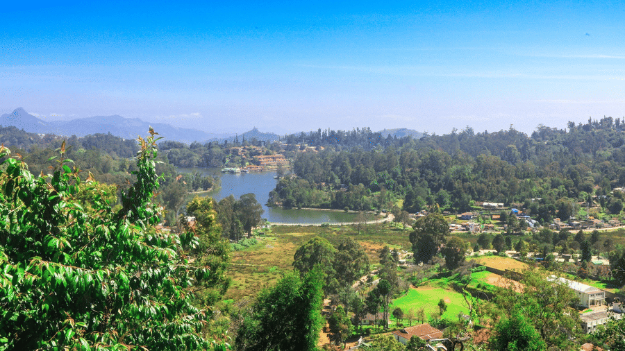 Panoramic view of Kodaikanal valley featuring Kodai Lake, dense forests, rolling hills, and clear blue skies stretching across the horizon.