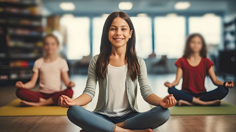 yoga-school-kids-group-teacher-happy-schoolchildrens-boys-girls-klassroom-with-positive-teacher-generative-ai-illustration