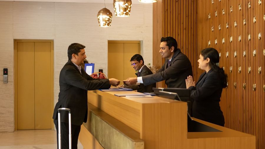 Reception check in at Golden Suites, Gurgaon