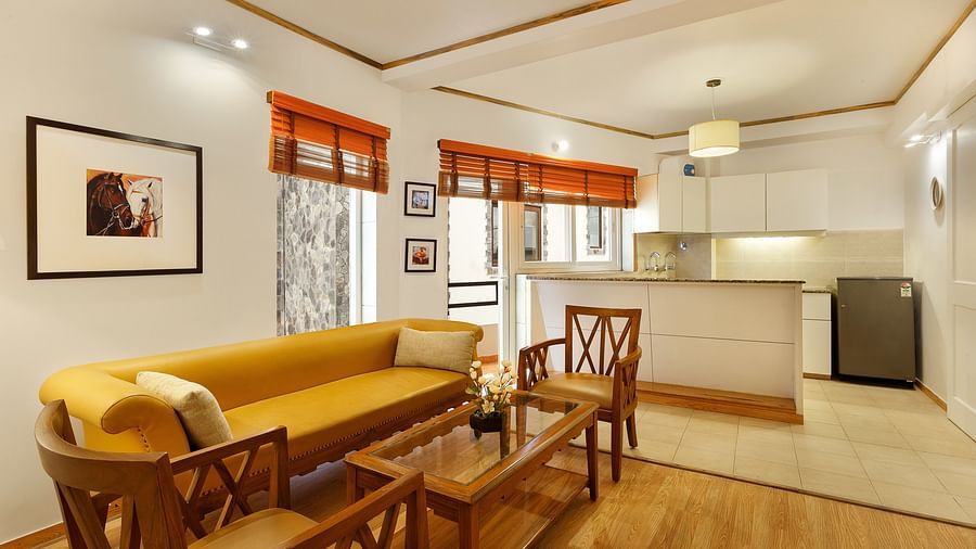 Leaving Area with comfy diwan seatings in One Bedroom Apartments Pinewood Nainital 