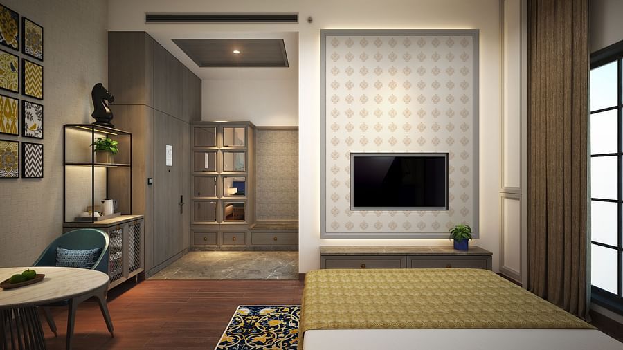 A stylish hotel room with a minimalist design, a large bed, comfortable furnishings, and soft lighting to create a relaxing space - Sarovar Premiere Amritsar