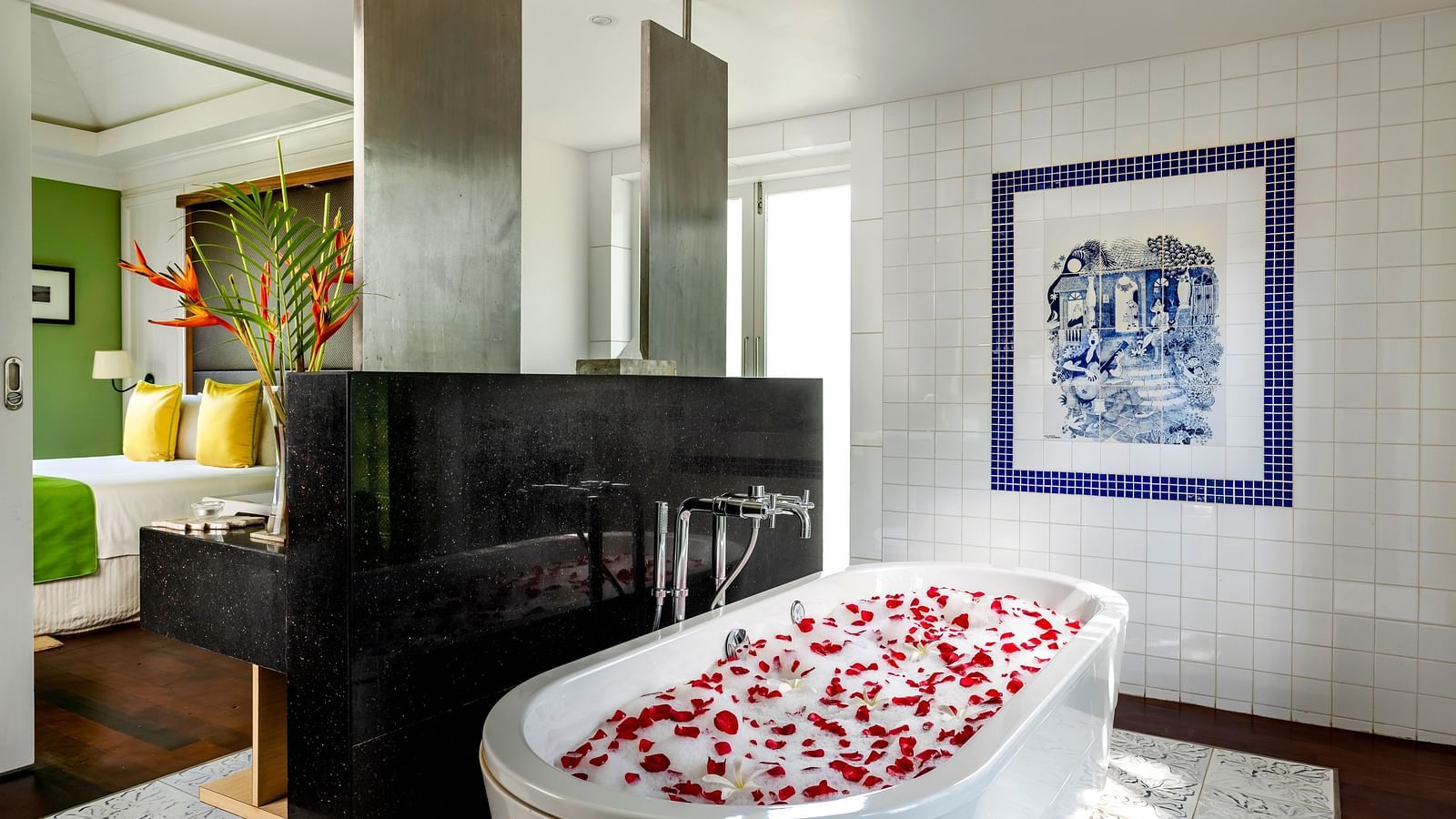 Overview of the bathroom with a bathtub in view inside Presidential Villa - Caravela Beach Resort Goa