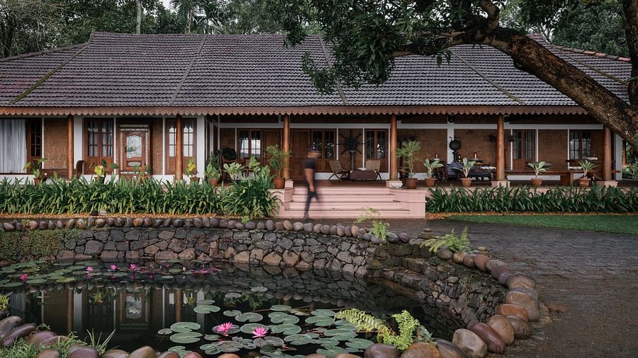 A facade image of BluSalzz Villas - Muhamma Resort, Alleppey with a pond in front of the resort
