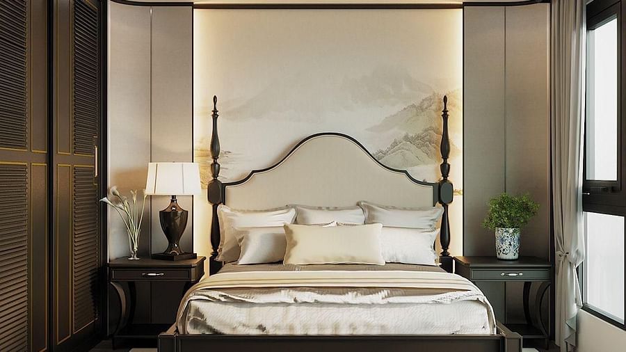 A room featuring a front view of the bed, with bedside tables on either side and windows to the sides at The Evren, Vagator.