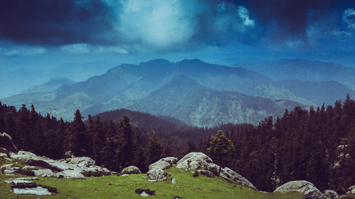 long mountain view with pine trees and snow filled mountains afar