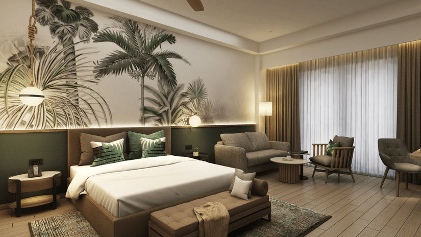 A room at Symphony Palms Beach Resort And Spa, with a large bed, wooden furnitures, windows with curtains, and plants painted in the backdrop.