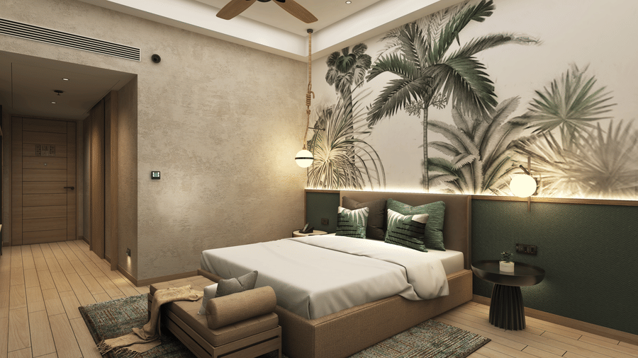 A room at Symphony Palms Beach Resort And Spa, with a large bed, wooden furnitures, and plants painted in the backdrop.