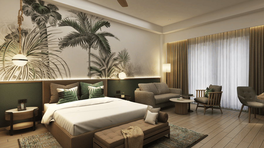 A room at Symphony Palms Beach Resort And Spa, with a large bed, wooden furnitures, windows with curtains, and plants painted in the backdrop.