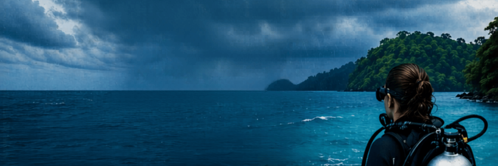 Diver overlooking monsoon sea with cloudy skies in the Andaman Islands.