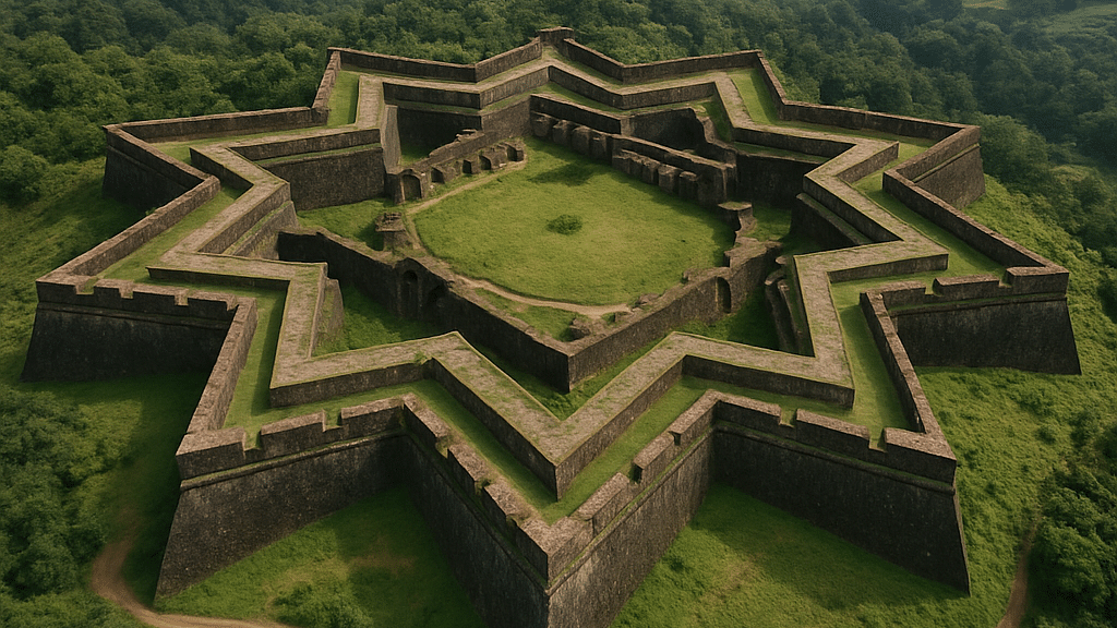 Ruins of star-shaped Manjarabad fort in Sakleshpur located atop a hill surrounded by lush landscapes on a foggy day.