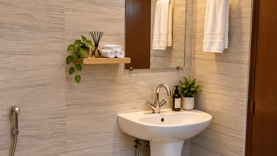 Mohan Chatti by Eastlynn Experiences bathroom with a white pedestal sink, a toilet, beige tiled walls, a wall mirror and a folded towel hanging nearby.
