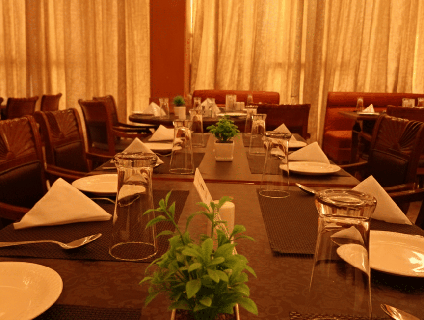 Table setup at Hotel Gold, Panipat with plates, glasses, cutlery, and decor arranged for dining.