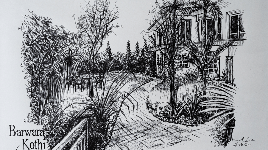 A carbon sketch of Barwara Kothi landscape in Jaipur on a paper.