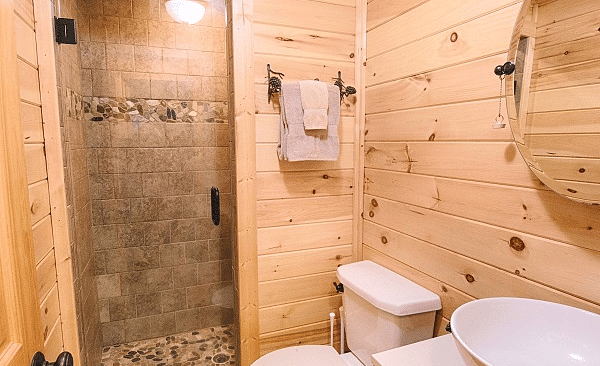 a bathroom with a small vanity area along with a commode and shower cubical separated by a glass door - Historic Tapoco Lodge