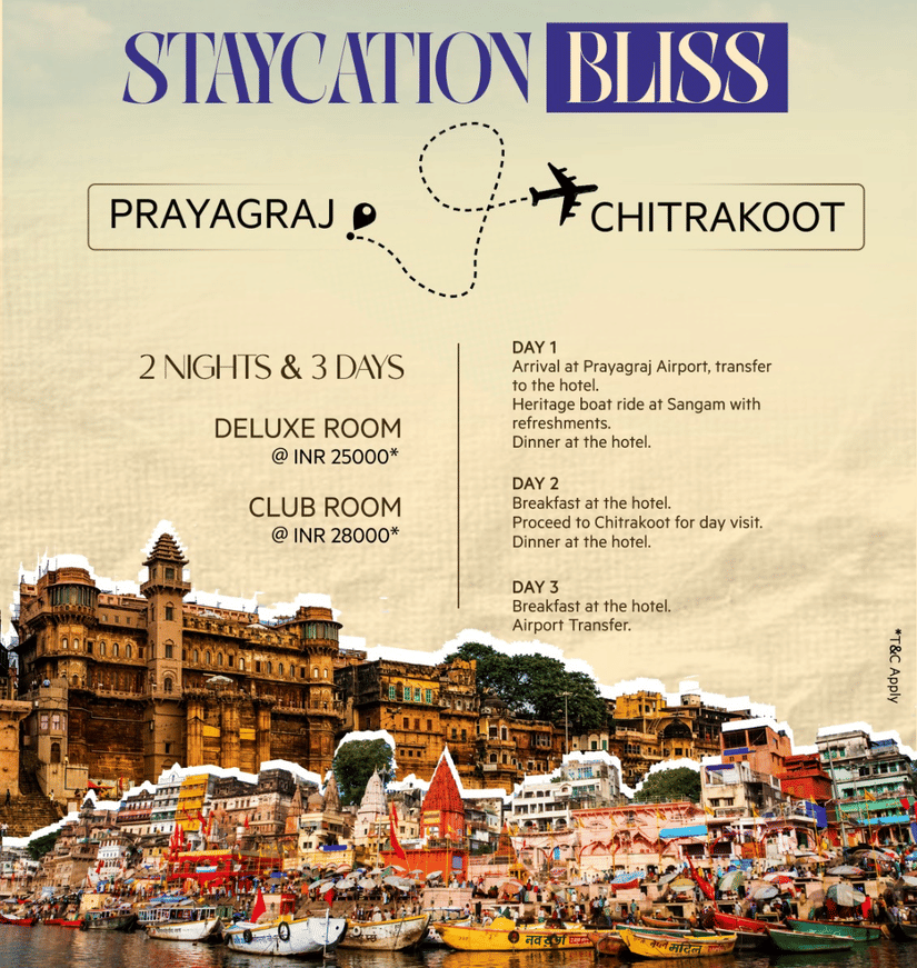Staycation offer poster for Hotel Kanha Shyam with a riverside cityscape, the text Staycation Bliss and travel between Prayagraj and Chitrakoot.