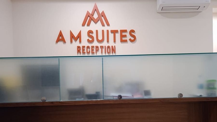 a reception area of a hotel