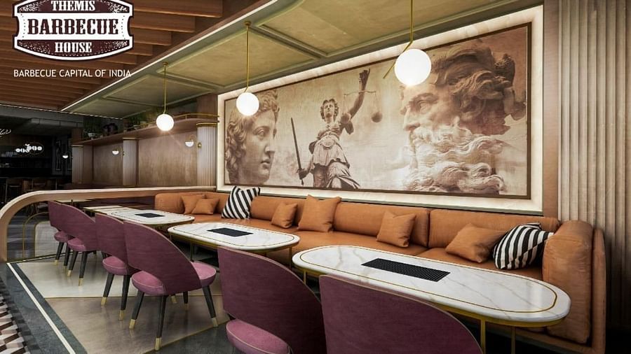 An image of a seating area featuring sofa chairs, chairs, and tables - Themis Barbecue House, Panipat
