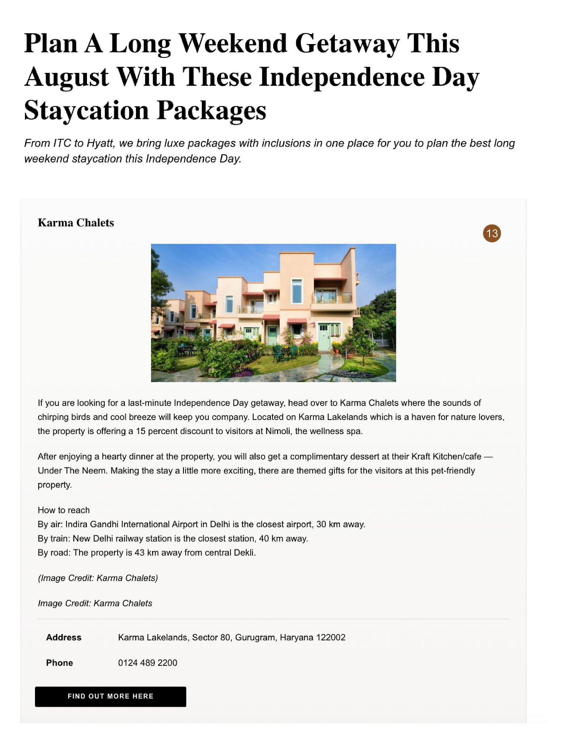 Screenshot of an article featuring a staycation guide with Karma Chalets listed.