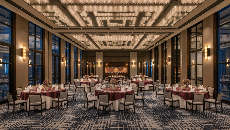 Gallery function room set up for a gala dinner with round tables at twilight at The Residency Signature Madurai.