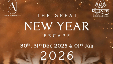 New Year package poster for The Tattwaa Corbett Spa & Resort featuring a close-up tiger face with snow and event dates displayed above.