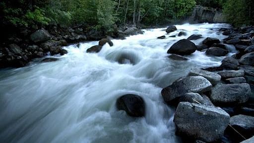 A picturesque stream flowing over rocks in a forest, creating a beautiful scene of nature with rushing water and surrounding trees - Black Thunder, Coimbatore