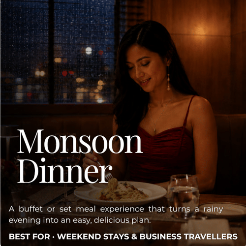 A promotional creative for the Pride Group of Hotels displays information about a monsoon dinner and a woman dining inside.