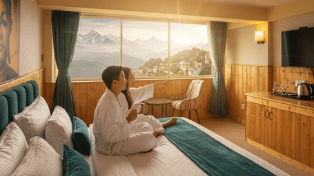 A young couple sitting on a bed at Avianna Group Of Hotels & Resorts, enjoying a cup of tea while pointing towards a wall-mounted television and large windows overlooking sunrise view of the snow-capped mountains.