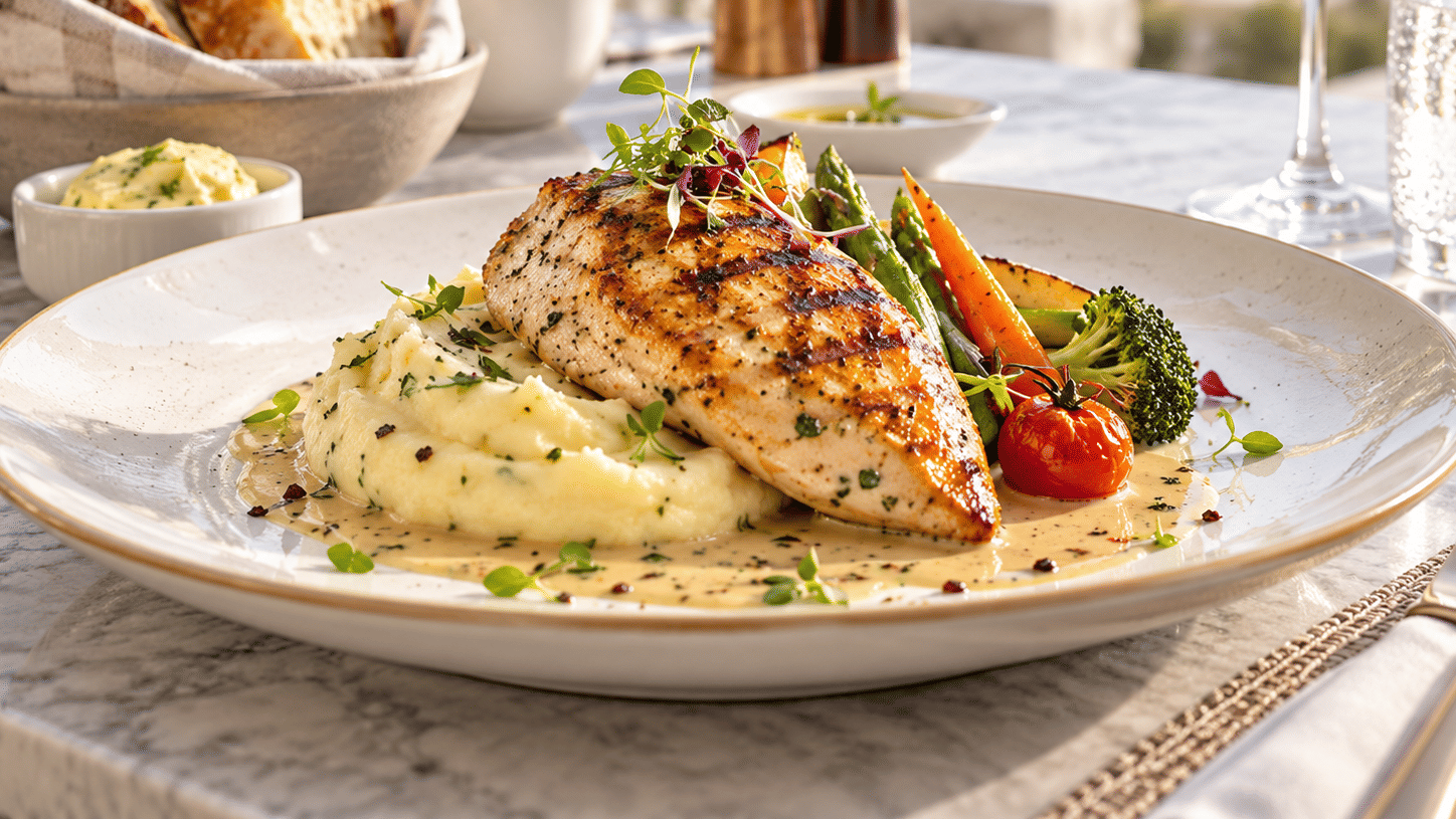 Grilled chicken with mashed potato and roast vegetables
