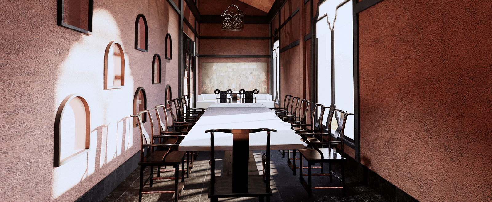 A long dining table with chairs in a room featuring arched cutouts and a chandelier - Rhino and River BluSalzz Collection, Pobitora