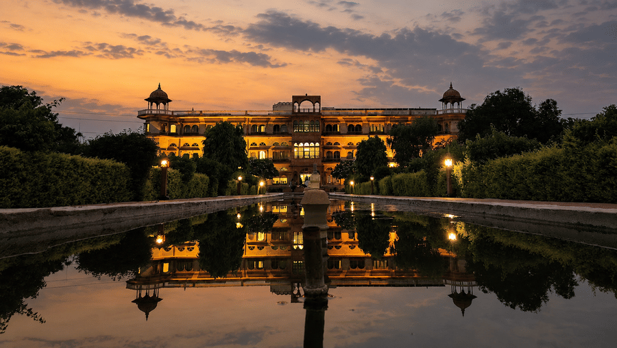 Palace reflections in blue-hour sunset-Umaid Palace Dausa-Heritage Resort Near Jaipur