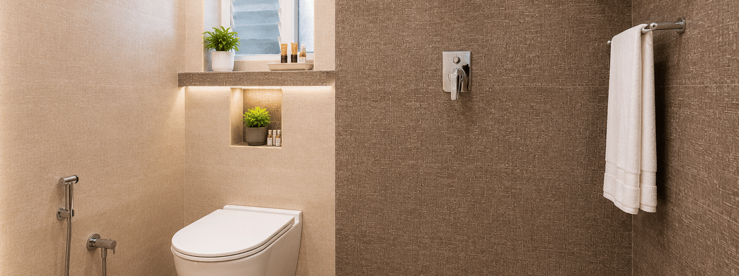 Modern bathroom at Urban Comforts featuring clean interiors, contemporary fittings, and essential amenities