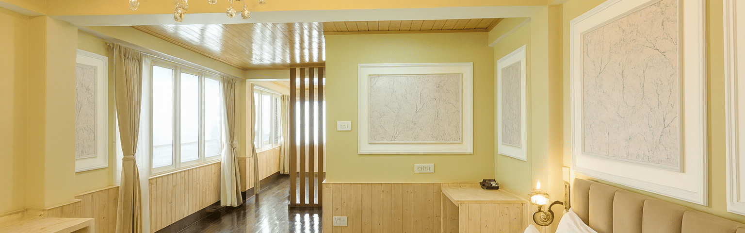 Luxury suite hotel room with chandelier, elegant wooden ceiling, large windows bringing in natural morning light, and premium 3-star interiors with forest view ambiance