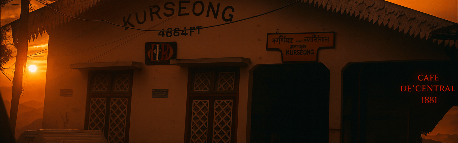 Kurseong Railway Station at 4864 feet in the Himalayas during mountain sunset with golden sky and misty hills, Darjeeling tourist attraction in West Bengal