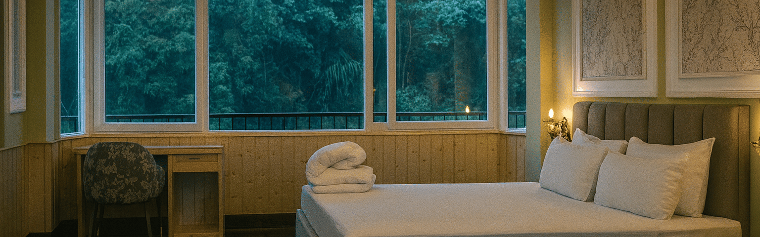 Luxury hotel room in Kurseong with chandelier, elegant bed, wooden interiors, and large windows overlooking lush green forest view