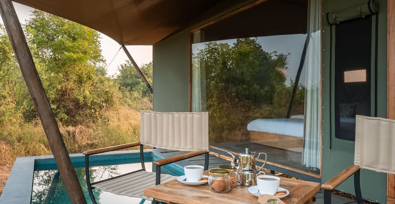 A dining setup in a tent at Trees N Tigers, Tadoba.