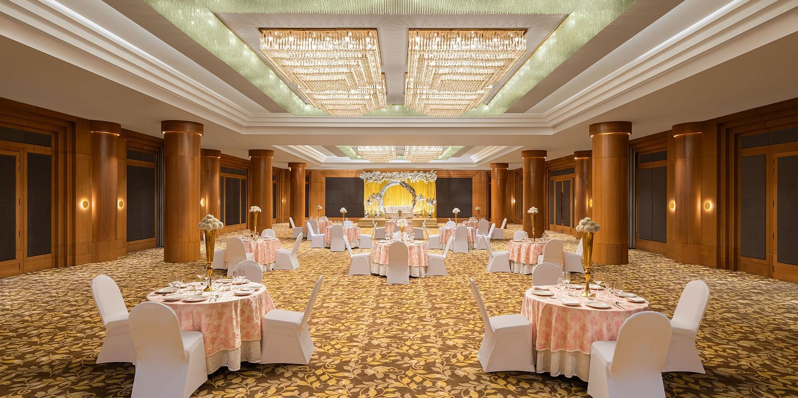 Seating arrangement in Orchid Hall at Essentia Luxury Hotel, Indore