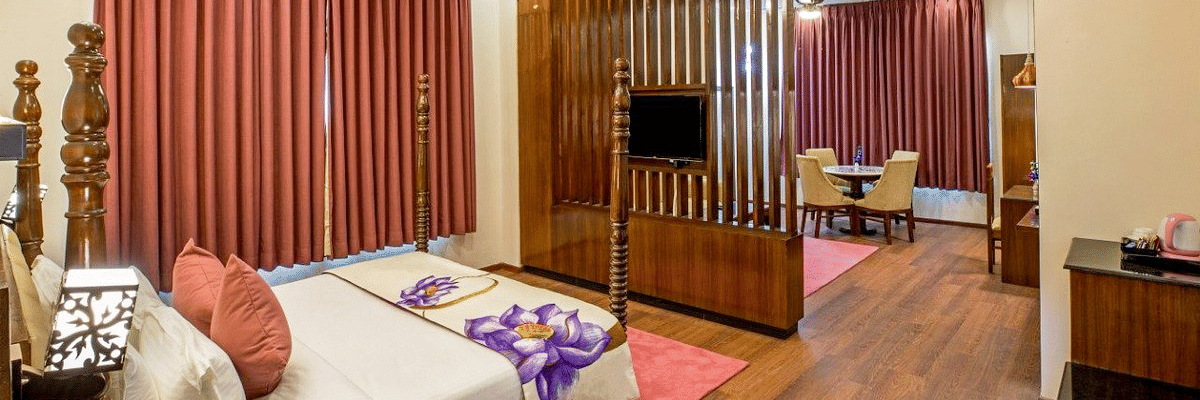 Corner view angle of the Suite at DLS Hotels On The Ganges with a wooden partition in the middle with a television mounted over it.